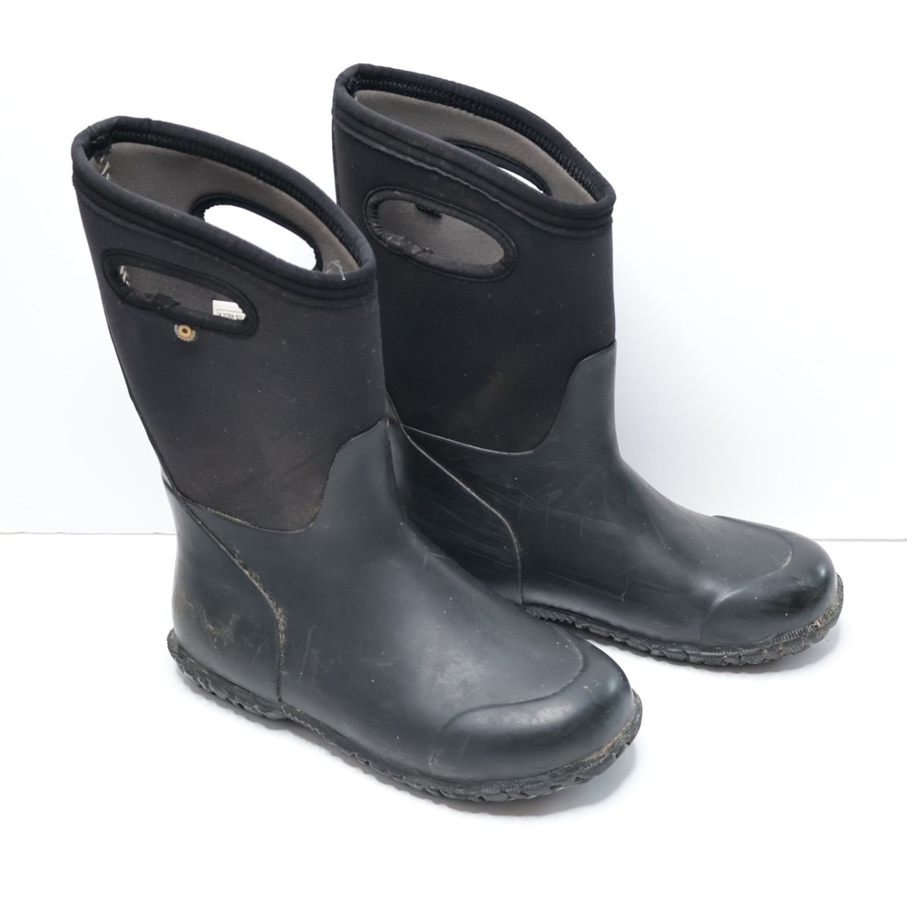 Bogs Youth 4 York Solid Black Waterproof Insulated Winter Rain Boots Pull On SEE